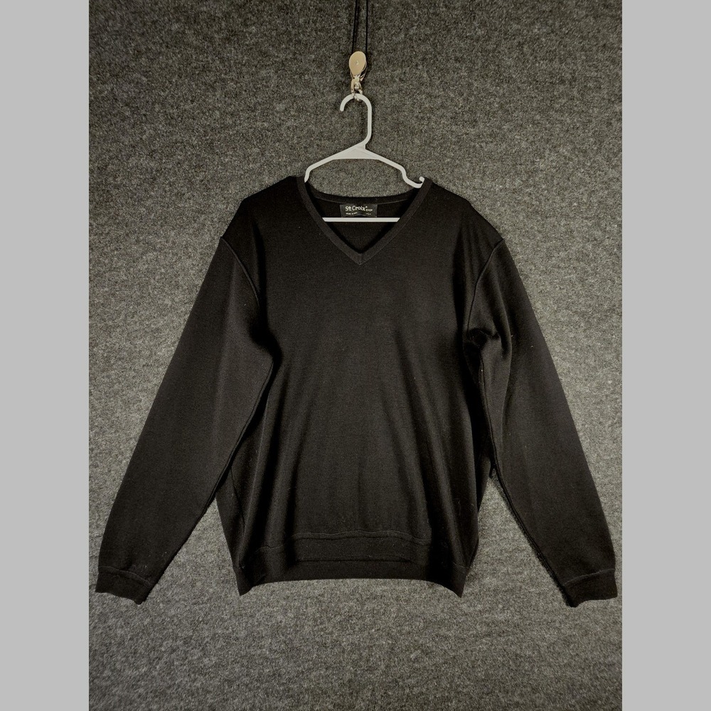 St Croix Shop Mens Black V Neck Wool Sweater Long Sleeve Made in USASize L